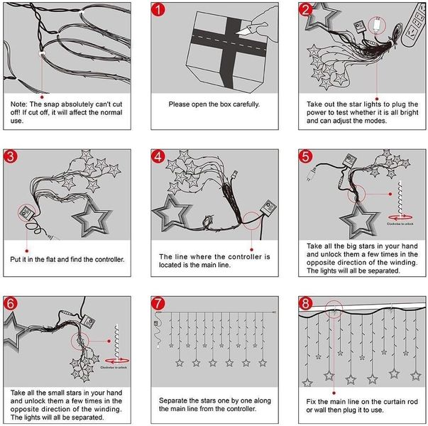 Світлодіодна гірлянда-шторка, водонепроникна, 8 режимів, 12 зірок, теплий білий 1185 фото
