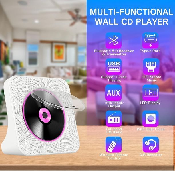 Портативний Bluetooth CD-програвач KOVCDVI з акумулятором USB/AUX/FM T0404 фото