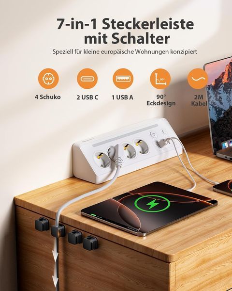 Мережевий подовжувач кутовий HONIZER 7-в-1 (4 розетки, 2 USB-C, 1 USB-A) з вимикачами 2 м White M3151 фото
