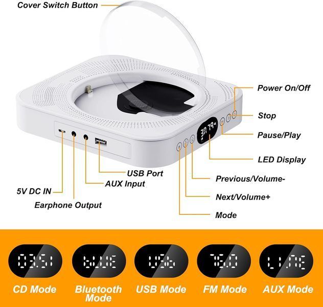 Портативний CD-плеєр з Bluetooth та Hi-Fi динаміком T1050 фото