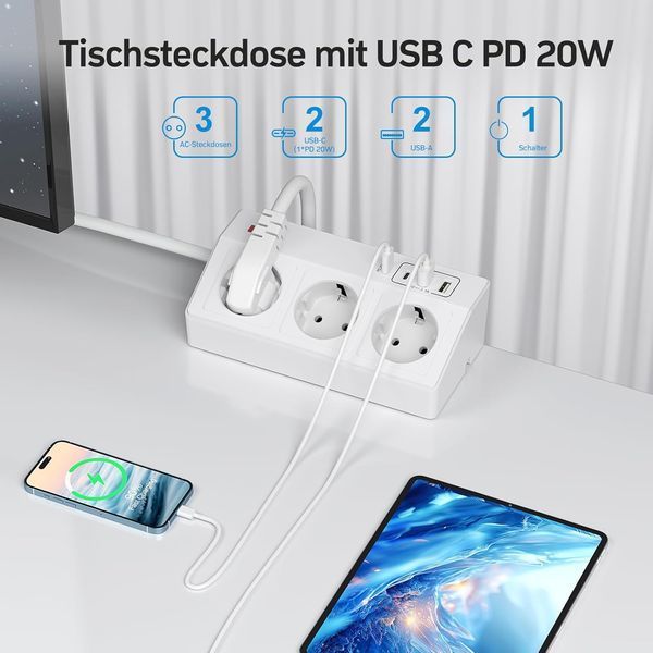 Настільний подовжувач з USB C PD 20 Вт 2 м STGAROT T1841 фото
