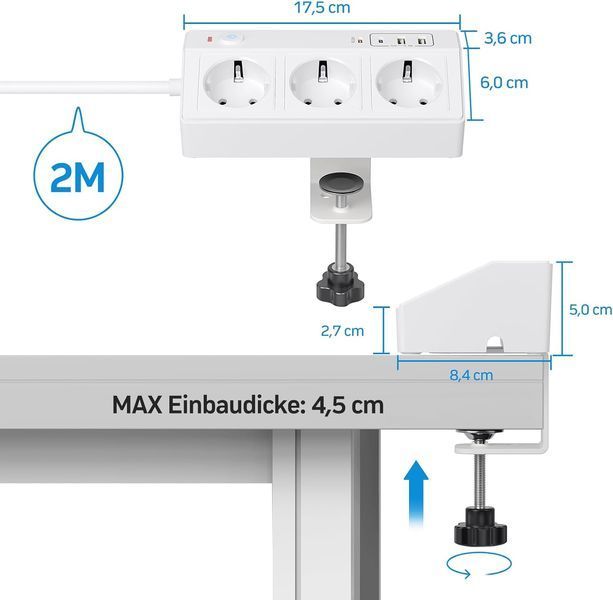Настільний подовжувач з USB C PD 20 Вт 2 м STGAROT T1841 фото