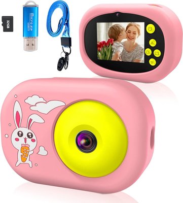 Цифровая камера 12 Мп для детей Ushining с 5 играми, фильтрами, 1080P с 32 ГБ картой, IPS-экран, розовая 0336 фото