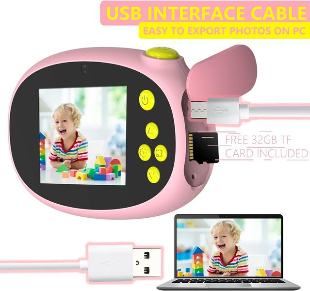 Цифрова камера 12 Мп для дітей Ushining з 5 іграми, фільтрами, 1080P з 32 ГБ картою, IPS-екран, рожева 0336 фото