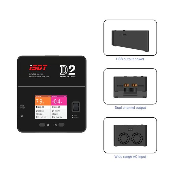 Зарядний пристрій ISDT D2 Mark 2 LiPo Battery Balance Charger, Dual 200W 12A AC/DC Channel Output Charger 0096 фото