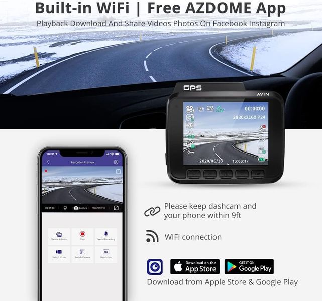 Відеореєстратор AZDOME WiFi 4K Dash Cam 170°, 2,4 дюйма 1240 фото