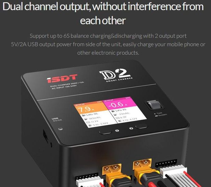 Зарядное устройство ISDT D2 Mark 2 LiPo Battery Balance Charger, Dual 200W 12A AC/DC Channel Output Charger 0096 фото