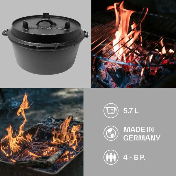 Чавунна каструля для барбекю Klarstein Guernsey Premium Dutch Oven 6.0, розмір М/6 кварт, 5,6 л чорна (10038638) 10038638 фото