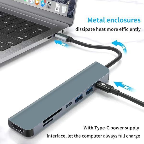 Багатофункціональний USB хаб/розгалужувач 7 в 1 Type-C to HDMI+SD+TF+3хUSB +PD  T1154 фото