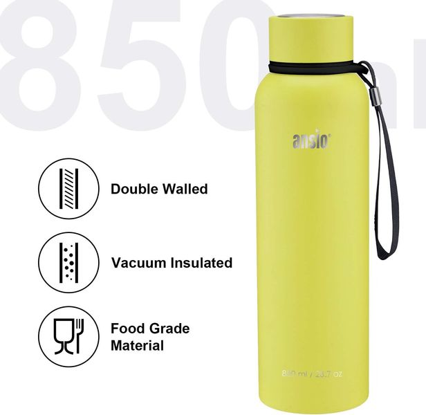 Пляшка для води ANSIO, термос з нержавіючої сталі 850 МЛ, лимонний 0988 фото