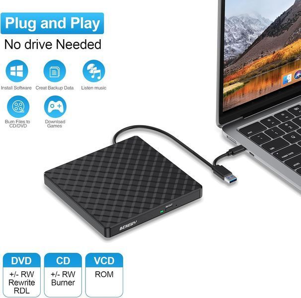 Внешний портативный CD-DVD привод BENEWY с USB 3.0 и Type-C T1812 фото
