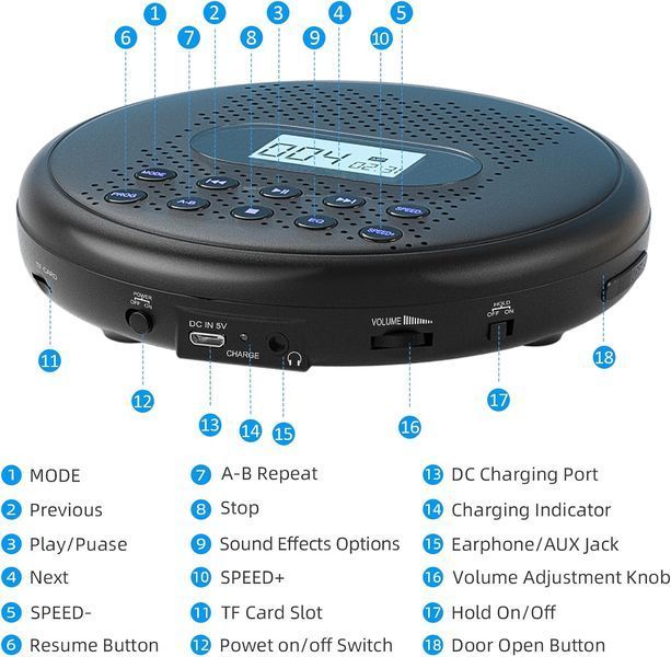 Портативний CD-програвач ARAFUNA CD5189B Black з двома стереодинаміками T1155 фото