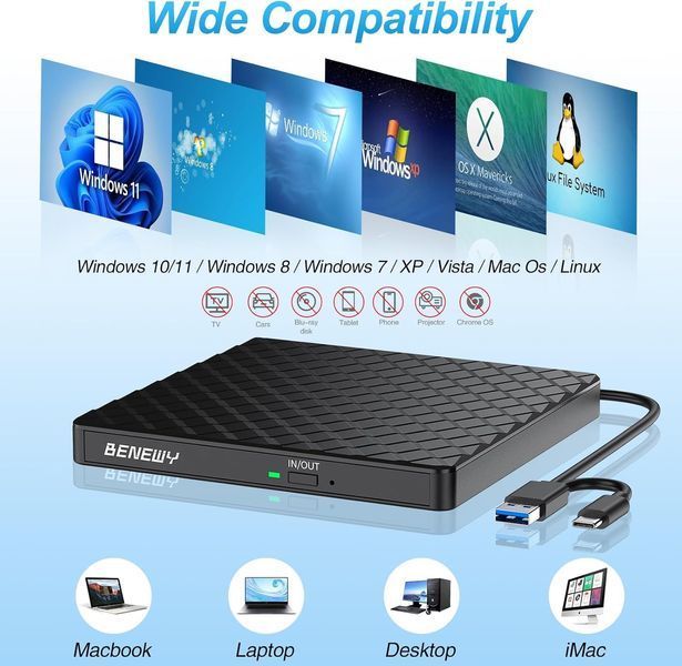 Внешний портативный CD-DVD привод BENEWY с USB 3.0 и Type-C T1812 фото