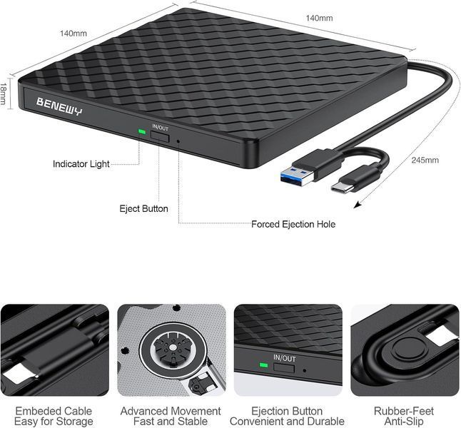 Внешний портативный CD-DVD привод BENEWY с USB 3.0 и Type-C T1812 фото