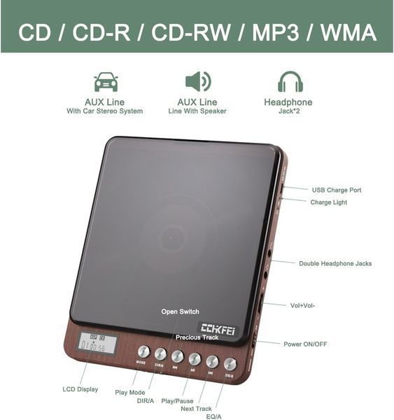 Портативний CD-плеєр 806R зі стереодинаміками та акумулятором 2000 мАг Wood M3208 фото