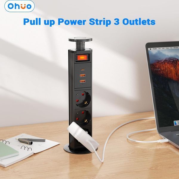 Настільний 3-контактний подовжувач Ohuo з вимикачем та USB C/USB А T0177 фото