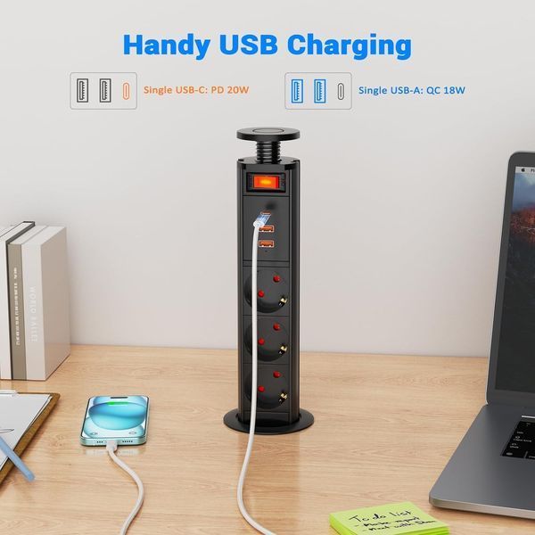 Настільний 3-контактний подовжувач Ohuo з вимикачем та USB C/USB А T0177 фото