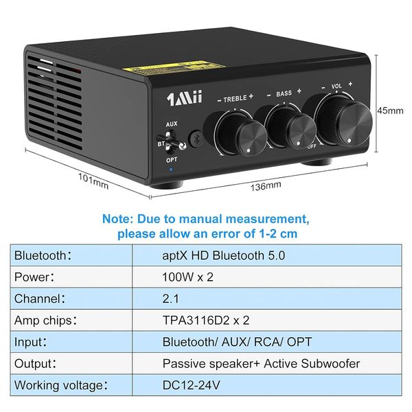 2.1-канальний аудіопідсилювач 1Mii B08S з Bluetooth 5.0 з керуванням басами та високими частотами 0344 фото
