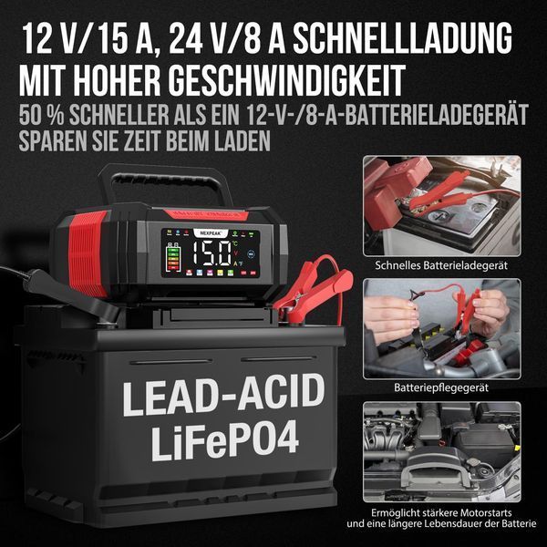 Зарядное устройство для аккумуляторов NEXPEAK NC315 15A 12V/24V LiFePO4/AGM/GEL Gray M3211 фото