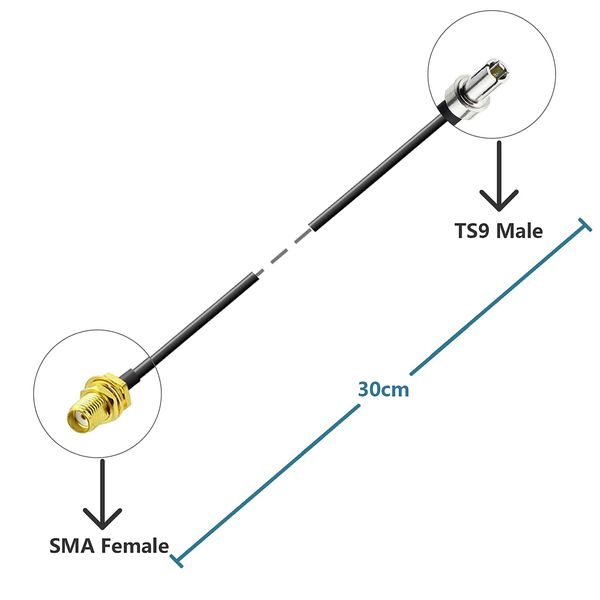 Кабель-подовжувач TS9 «тато» — «мама» RG174 30 см 11,8 дюйма для зовнішньої антени 0860 фото