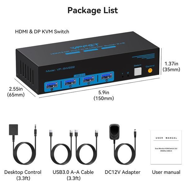 КВМ-переключатель на 2 компьютера и 2 монитора HDMI DP с поддержкой 8K и USB 3.0 M3834 фото