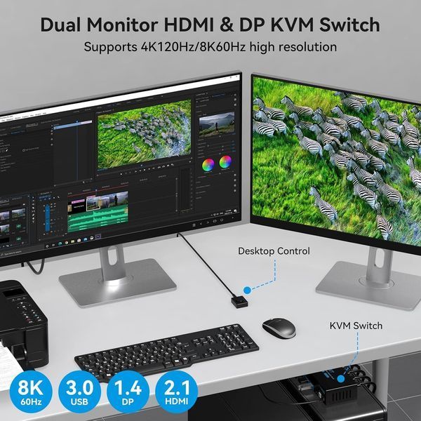 КВМ-переключатель на 2 компьютера и 2 монитора HDMI DP с поддержкой 8K и USB 3.0 M3834 фото
