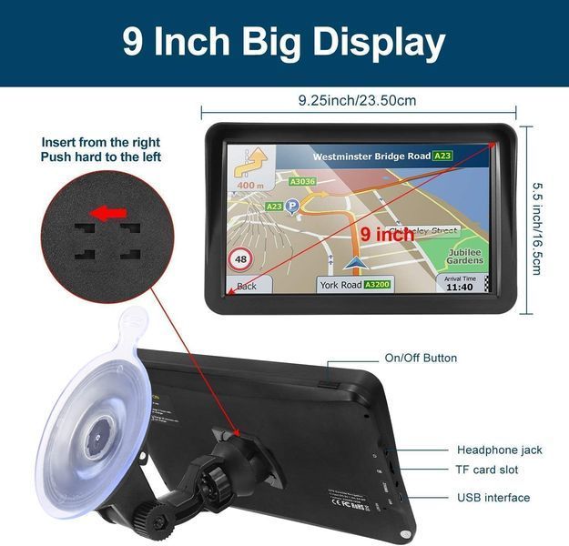 GPS-навігатор LONGRUF 9-inch HD з сонцезахисним козирком та картами 2025 M3409 фото