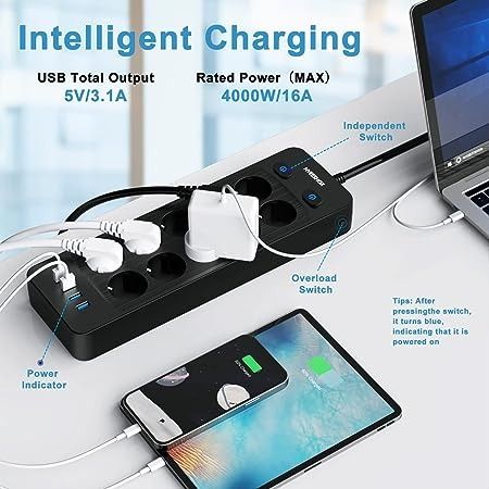 Удлинитель на 10 гнезд 220 В и 4 USB-порта с кабелем 2 м с защитой от перепадов напряжения 0503 фото