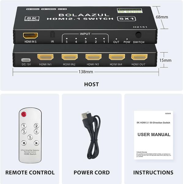 Перемикач 8K HDMI 2.1 5 в 1 з дистанційним керуванням 1706 фото