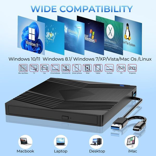 Внешний оптический привод CD DVD для ноутбуков и компьютеров Windows Mac T3884 фото