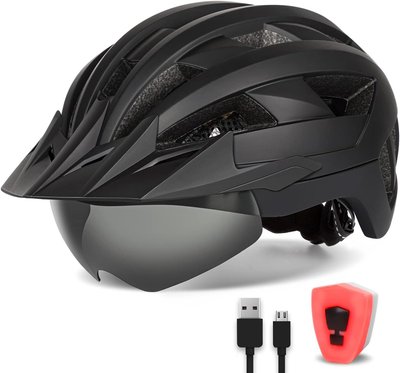 Велосипедный шлем для взрослых с козырьком, очками и задними фонарями L 1050 фото
