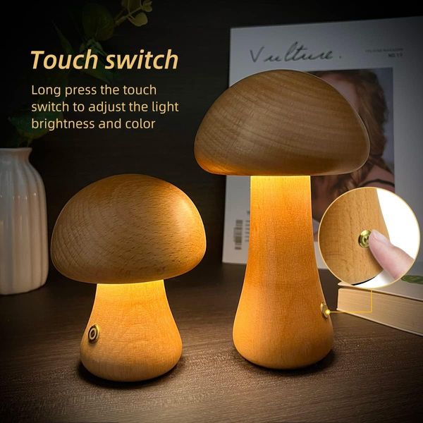 Настільна дерев'яна лампа у формі гриба, портативний нічник, коричневий 1150 фото