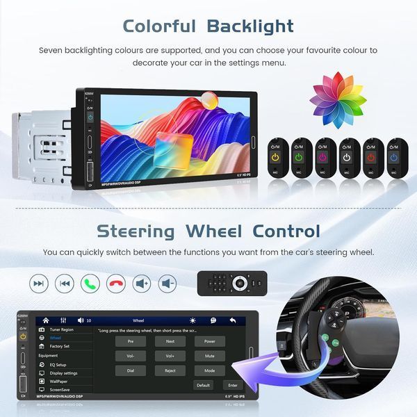Автомагнитола Hikity 1-DIN с 6.9-дюймовым экраном Wireless CarPlay и Android Auto M3414 фото