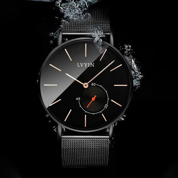 Чоловічий водонепроникний кварцовий годинник GUANHAO з ремінцем з нержавіючої сталі, чорний 0350 фото