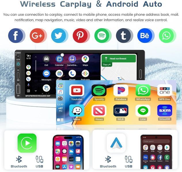Автомагнитола Hikity 1-DIN с 6.9-дюймовым экраном Wireless CarPlay и Android Auto M3414 фото