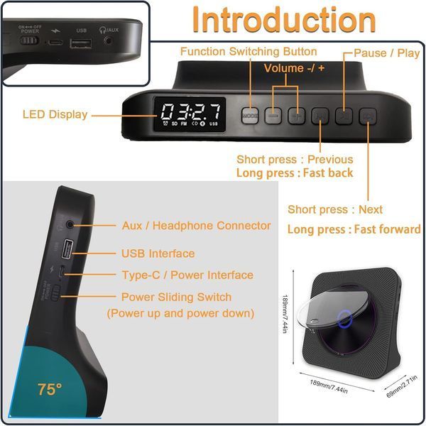 Портативний програвач CD радіо Fm Bluetooth USB/AUX пультом та вбудованими динаміками HoneTeek  T1197 фото