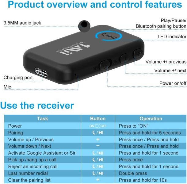 Bluetooth стерео приймач 1Mii Bluetooth Audio Receiver Miilink ML100 0721 фото