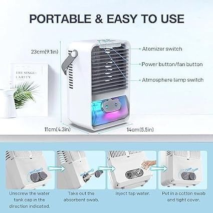 Портативный аккумуляторный мини-вентилятор 4-в-1, с 7 LED-лампами, портативный воздухоохладитель для дома, офиса. 0013 фото