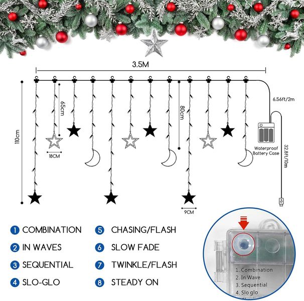 Светодиодные гирлянда-занавеска Jsdoin Star Moon 3,5 м с 8 режимами мигания 1935 фото