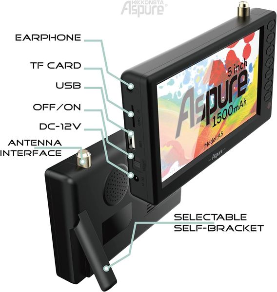Портативний цифровий телевізор Aspure 5" з підтримкою DVB-T2, до 55 цифрових каналів 0014 фото