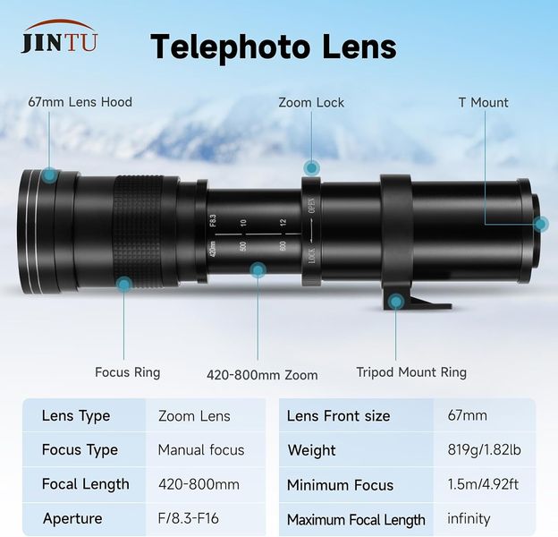Телеоб'єктив JINTU 420-800mm f/8.3 з ручним збільшенням для дзеркальних фотоапаратів Nikon, чорний 0034-1 фото