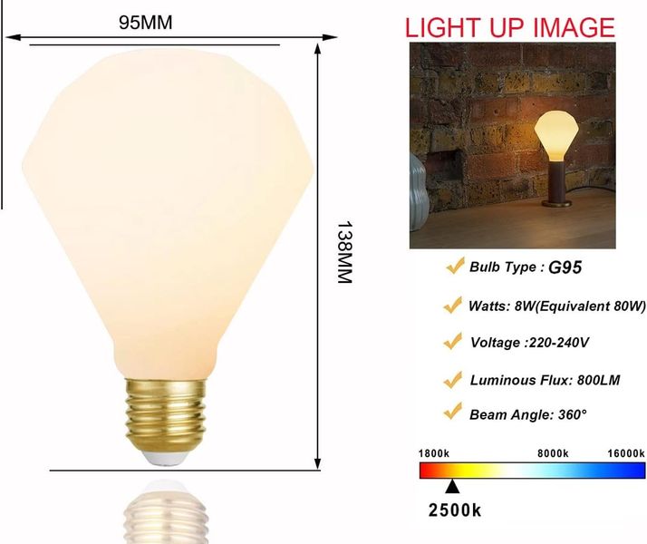 Світлодіодна лампа ромбоподібного типу 2шт матово-біла G95 Kooywan 8 Вт 2500 К 0539 фото