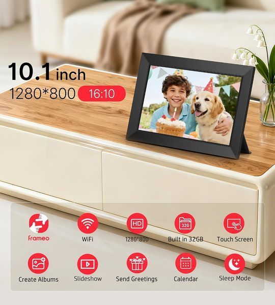 Цифровая фоторамка 10.1 дюйма с Wi-Fi, сенсорным IPS экраном и памятью 32 ГБ MT3989 фото