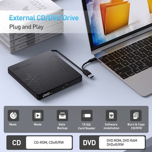 Зовнішній DVD-привід, CD-привід USB 3.0 ORIGBELIE, Type C, CD/DVD ROM +/-RW  1403 фото