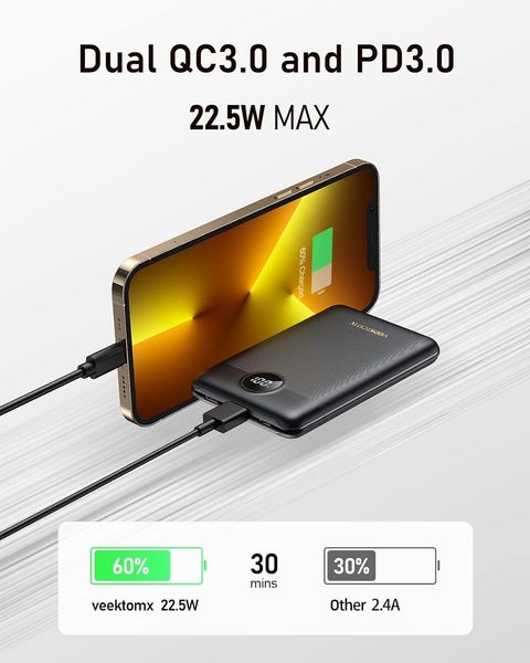 Павербанк VEEKTOMX 10000 мАг, швидка зарядка, 2 виходи, сумісний з iPhone, Android 1366 фото