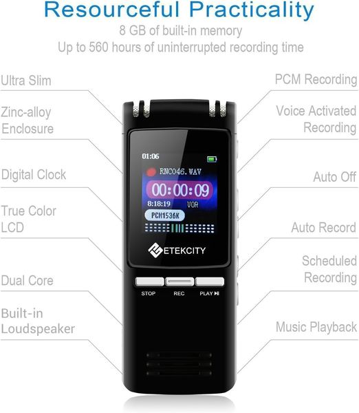 Цифровой диктофон Etekcity 8 ГБ, 560 часов, музыкальный проигрыватель MP3, встроенный громкоговоритель 0356 фото