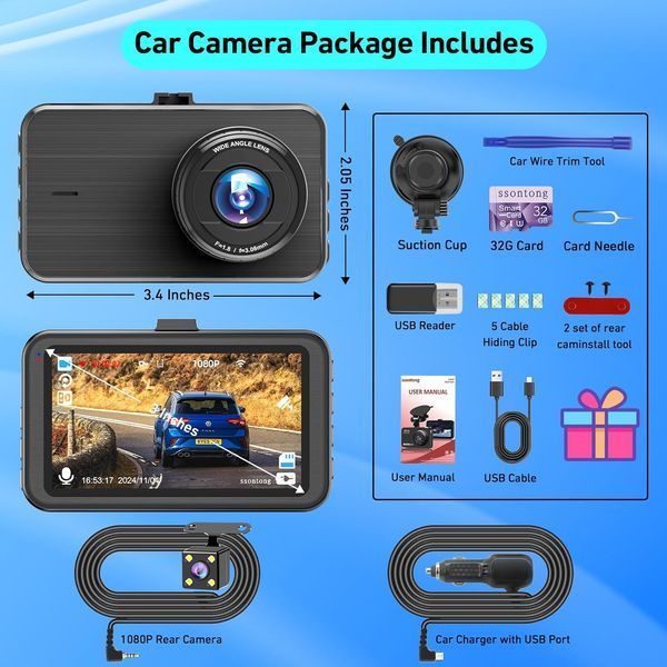Відеореєстратор з WiFi/керуванням 1080P + задня камера T1419 фото