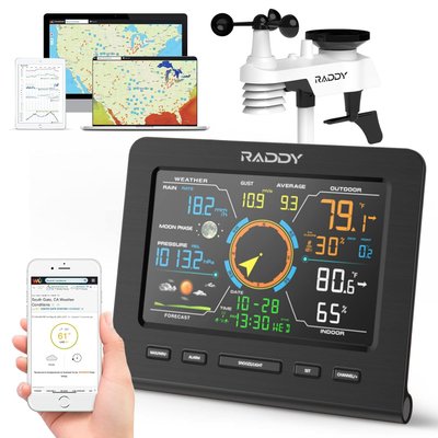 Домашняя беспроводная метеостанция Raddy WF-100C Lite с цветным дисплеем и приложением, черная 0395 фото