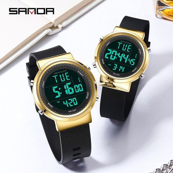 Жіночий електронний годинник SANDA Couple Cool водонепронекний чорний/золотий 1004 фото