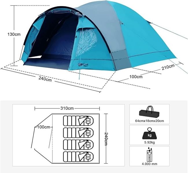 Туристичний намет Portal на 4 особи 4000 мм з підлогою, блакитний (відсутній один елемент дуги) 0067 фото